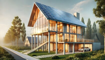 Obraz premium Solar-Powered Home with a Lakeside View