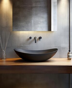 Modern minimalist bathroom, stone basin sink, wooden countertop, metallic wall texture, industrial chic, matte black faucet, ambient lighting, sleek design, neutral tones, luxury spa aesthetic, Japane