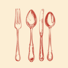 Hand drawn Fork Spoon Knife Dessert Spoon Cutlery Sketch Illustration