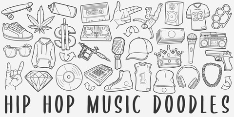 Hip Hop Doodle Icons. Hand Made Line Art. Rap Clipart Logotype Symbol Design.