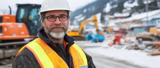 Fototapeta premium Construction worker in winter, snowy site, focused on work, potential for site documentation