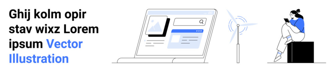 Woman uses phone seated near a wind turbine, laptop screen shows webpage layout. Ideal for technology, renewable energy, remote work, web design, environmental sustainability, tech innovation