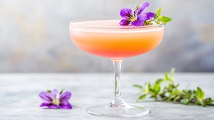 Refreshing pastel-colored cocktail with floral garnish served in a modern glass on a light background