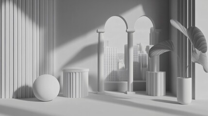 Obraz premium Monochromatic Modern Minimalist Room Cityscape Archway