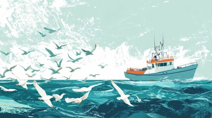 Fototapeta premium Ocean vessel, many seabirds, textured sky, turquoise waves.