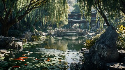 Fototapeta premium Serene Koi Pond Garden Bridge Asian Landscape