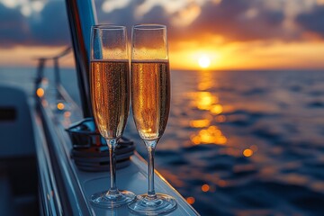 Obraz premium Romantic sunset with champagne glasses on a yacht railing, celebrating love, luxury, and special moments at sea