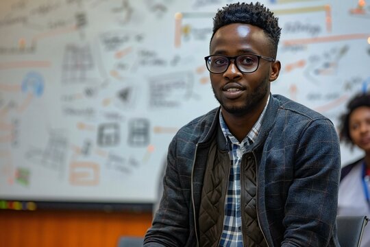 An African American disabled young businessman giving a presentation on a whiteboard to his diverse group of colleagues. - Powered by Adobe
