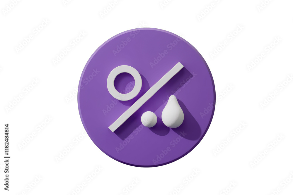 Poster 3D render of purple circle with white percentage symbol and droplets, representing humidity. background removed