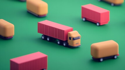 Cargo Management concept. Colorful toy trucks on a green surface creating a playful logistics scene.