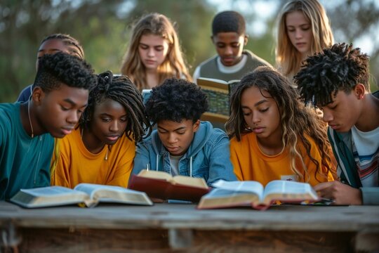 diverse group of young people of different ethnicities gathered around a wooden desk, studying and reading the Bible together.