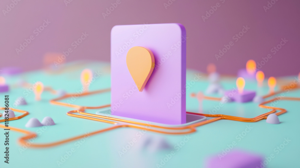 Poster cargo management concept. 3d map pointer icon with pastel colors and abstract landscape elements.