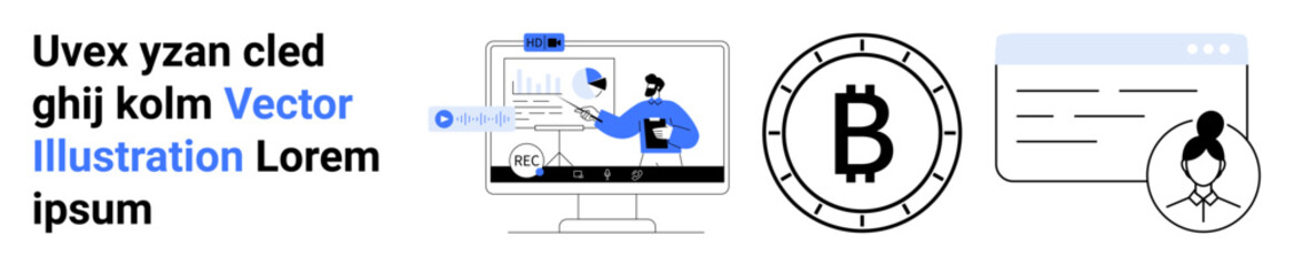 Computer monitor with graphs, Bitcoin symbol, online profile, and website icons. Ideal for technology, cryptocurrency, blockchain, marketing, data analysis, online security, and digital finance