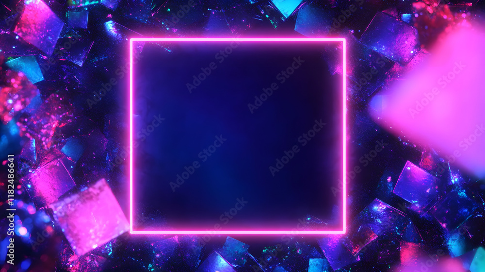 Poster empty neon rectangle frame with shining effect on dark background with copy space. black friday, cyb