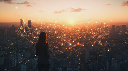 Fototapeta premium Abstract business woman stands on the peak of success amid tall, innovative Smart city and graphs with statistics to analyze business potential and predict future developments in company growth.