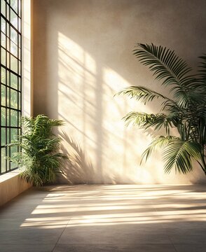 Empty soft interior with palm leaves plant. Modern 3d living room, office or gallery with shadows and sunlight from the window on the wall. Realistic illustration wall mockup design for background
