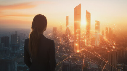Fototapeta premium Abstract business woman stands on the peak of success amid tall, innovative Smart city and graphs with statistics to analyze business potential and predict future developments in company growth.