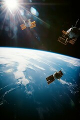 Spacecraft orbit sunlit Earth, bright rays.