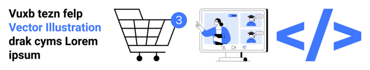 Shopping cart, video call on computer screen, coding symbols in blue. Ideal for e-commerce, web development, online communication, remote work, technology integration, digital marketing, software