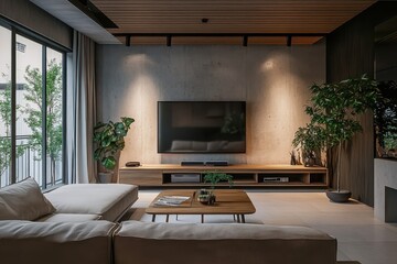 Modern minimalist living room, sunken seating area, large wall-mounted TV, wooden accent wall, track lighting, floor-to-ceiling windows, indoor plants, coffee tables, neutral color palette, cozy atmos