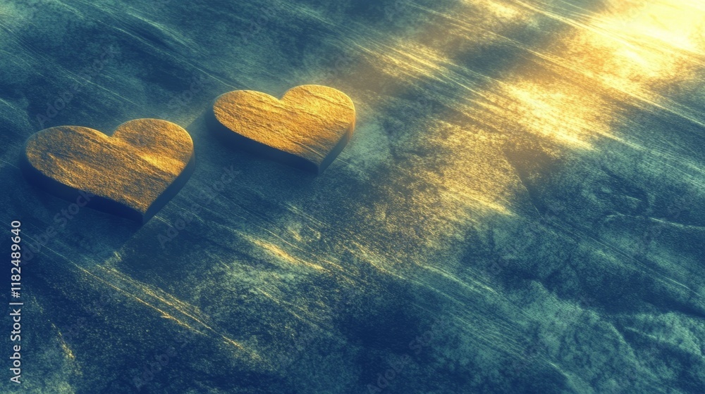 Poster heart-shaped shadows cast by abstract forms on a textured surface during golden hour light