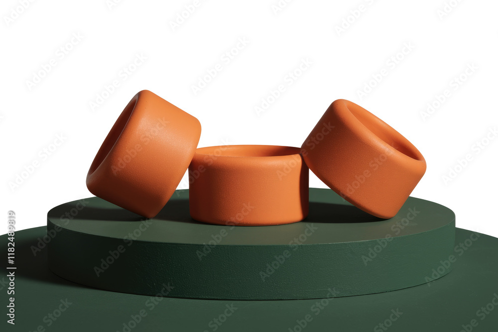 Leinwandbilder three orange cylindrical objects rest on a dark green platform, minimalist product display. backgrou