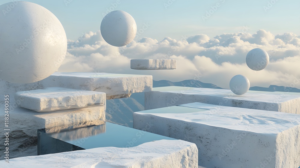 Poster abstract landscape with floating geometric forms.