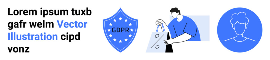 GDPR shield, man holding shopping bags, blue user profile icon, placeholder text. Ideal for data protection, online privacy, e-commerce security, personal data management, digital identity
