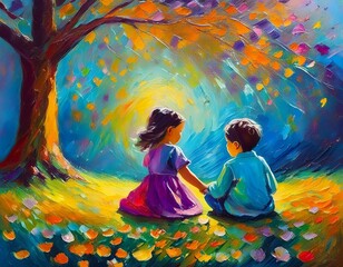 Kids playing outside under a tree colorful naive art oil painting siblings children family happiness childhood fun illustration sister brother bro girl boy cute love