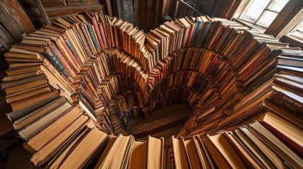 Opened books create a heart shape in a spiral arrangement for book lovers