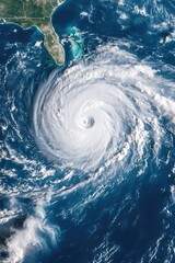Typhoon or cyclone over the ocean near Florida. Tropical storm or tornado by the coast, view from space. The eye of hurricane. Weather background