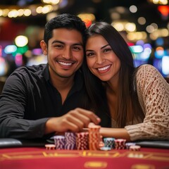 A young Hispanic couple enjoys a night out at the casino playing blackjack