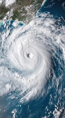 Typhoon or cyclone over the ocean near Florida. Tropical storm or tornado by the coast, view from space. The eye of hurricane. Weather background