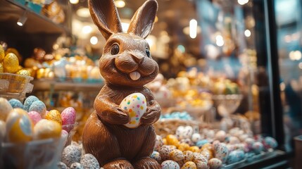 Chocolate bunny display with colorful easter eggs in store