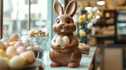 Chocolate bunny holding speckled egg in cozy cafe setting