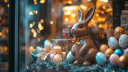 Festive chocolate bunny display with decorated easter eggs and warm lights