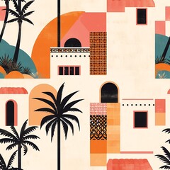 Seamless cubist-inspired pattern designed for fabric, showcasing Mediterranean architecture with palm trees, vibrant mosaics, terracotta hues, and geometric shapes, perfect for textile and interior. 