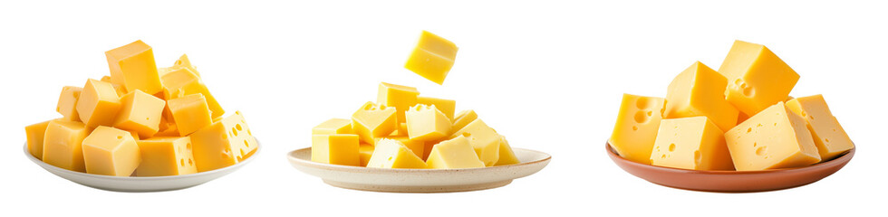 Set of cheeses, including Swiss and Brie, arranged on plate isolated on white background, representing dairy food.