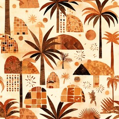Terracotta seamless pattern with palm trees and geometric Mediterranean shapes for textiles and decor.