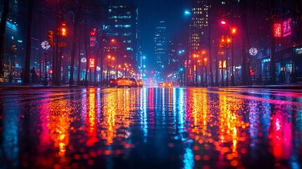 Obraz premium City Street Rain Night Lights Reflections Vibrance