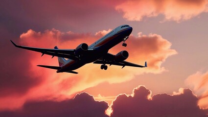 Fototapeta premium An airplane glides effortlessly through colorful clouds as the sun sets, illuminating the sky with warm hues of orange and pink