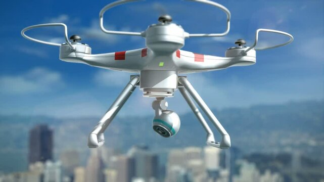 Air drone with security camera. Security drone over the city.
