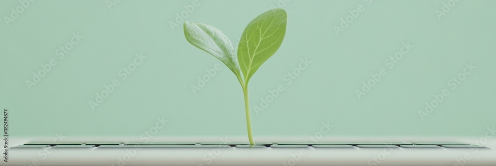 Poster green sprout emerging from laptop keyboard symbol of technology and growth