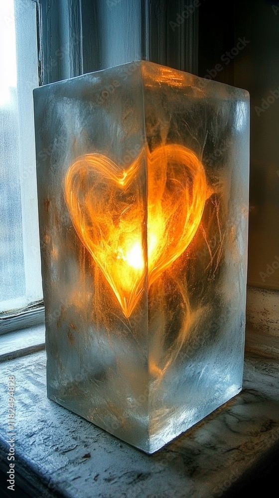 Aufkleber heart carved into block of ice showcases light reflection and unique design in a cozy indoor setting