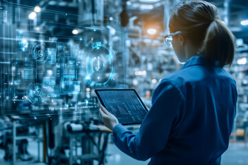 Woman Engineer Using Digital Tablet to Monitor Aircraft Jet Engine Performance in High-Tech Industrial Setting.