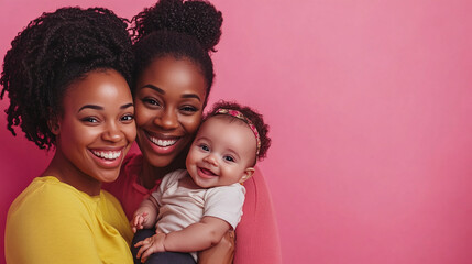 Happy black lesbian couple with their little baby on pink background