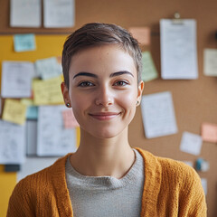 Happy non-binary person with short hair looking at camera near corkboard with paper notes in office