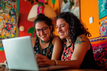 Latin lesbian couple working and using laptop together at home in Mexico, Hispanic homosexual people from lgbt community in Latin America.