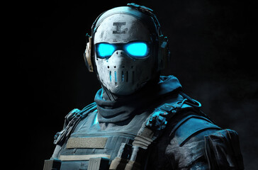 The character exudes an aura of mystery and strength, dressed in tactical gear with a glowing blue visor. The dark backdrop enhances the character's presence and readiness for action.