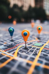 Colorful map markers pinpoint locations on a city map.